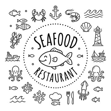 Seafood Restaurant circular frame logo with nautical doodle border.