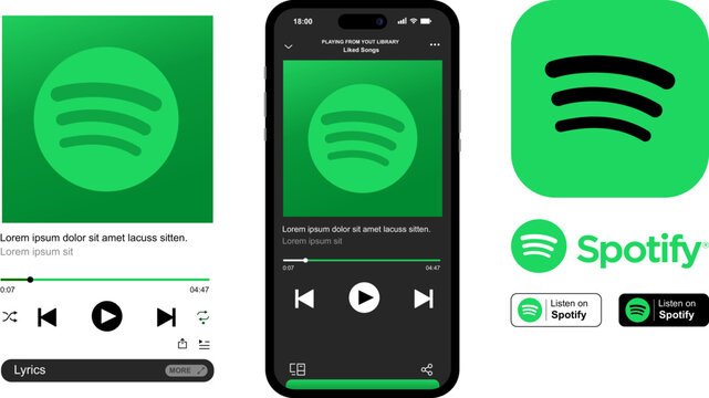 Spotify music player interface mockups showing player controls and song screen mockup, modern dark smartphone user interface layout, Spotify brand logos and listen button icons set