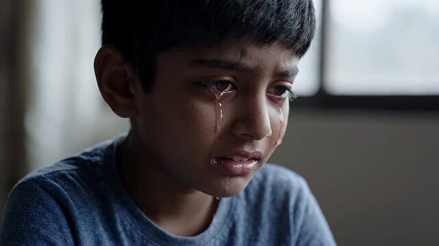Young Boy Crying with Tears on Face - Close-up shot of a young boy with a sad expression, his eyes are closed and tears are streaming down his face and chin. He is wearing a blue shirt.