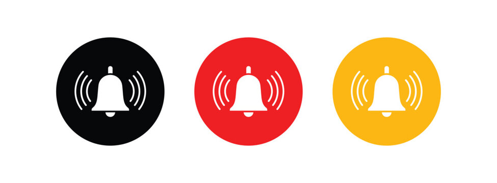 A vibrant collection of three bell icons showcasing black red and yellow color variations for