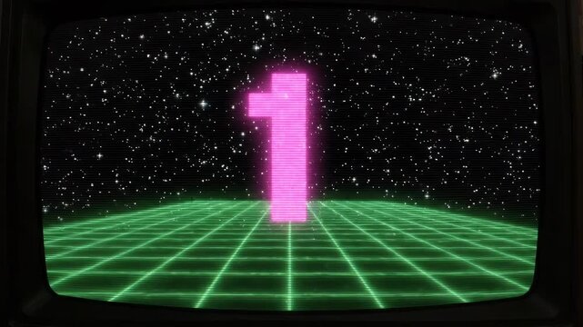 Retro Arcade Countdown Number One Pixelated Retro Space Scene - A retro arcade game countdown sequence displaying the number one in bright pink pixelated font.