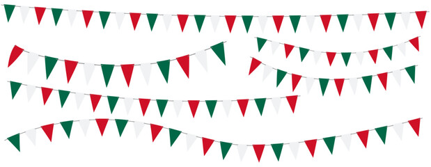 Obraz premium Set of Mexican color pennant garlands with green, white and red triangle flags for fiesta invitations, cards, banners, posters and celebrations.