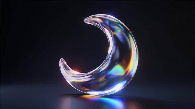 3D render of iridescent glass crescent moon spinning with rainbow light dispersion background