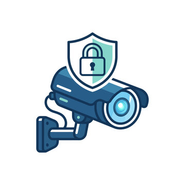 Security camera with shield and padlock overlay icon.