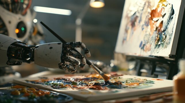 Advanced robotic arm painting with brush on canvas creating abstract artwork in modern studio with focused lighting and artistic palette