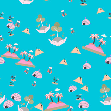 Cartoon Pattern of Islands, Trees, and Rockets