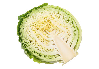 Fototapeta premium A halved green cabbage displays layered leaves on transparent background leafy vegetable