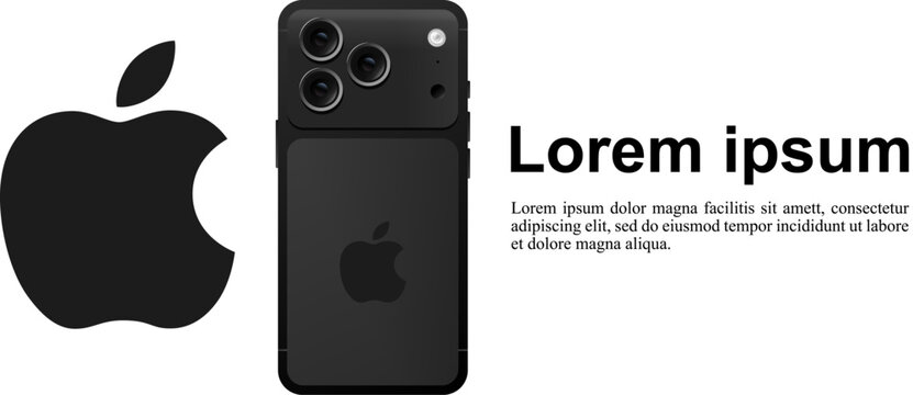 Apple iPhone mockup with text space for presentation banners, sleek black back camera design next to official Apple logo, professional template for modern technology advertising