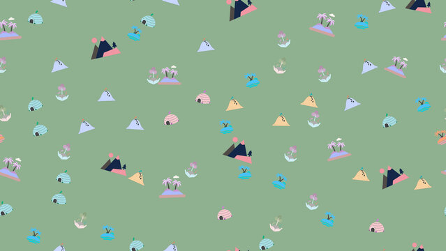 Seamless pattern of stylized islands, mountains, and huts