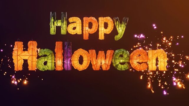 Vibrant 'Happy Halloween' text with sparkling effects on a dark, festive background, celebrating the spooky holiday.