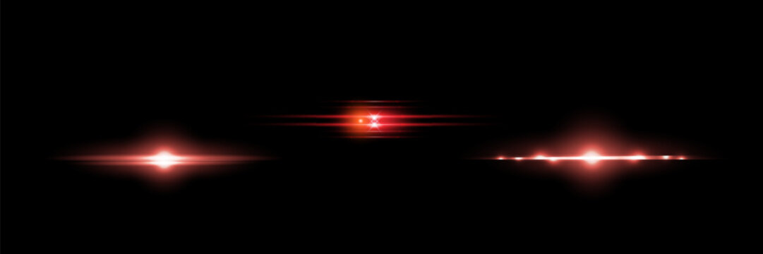 Red light effect reflections, neon illumination in red colors. Bright light lens. Police light effects, lines. Shiny stars, glowing sparks on a black background.