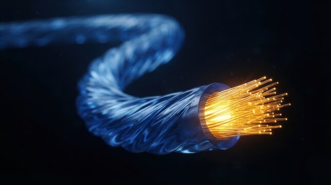 Fiber optic cable with glowing light strands on dark background