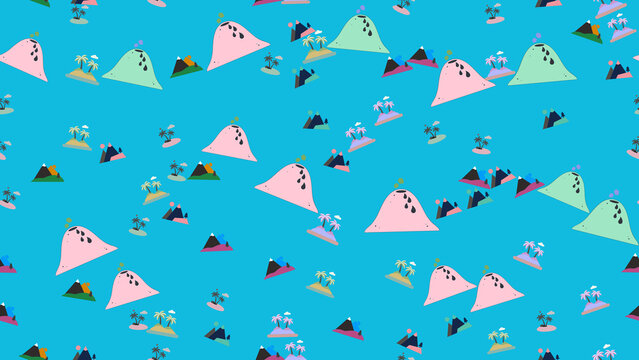 Stylized islands with palm trees and mountains pattern