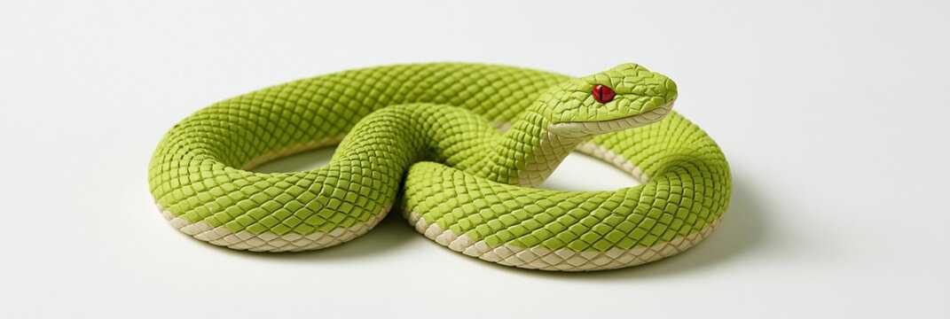 Coiled green snake with red eye on white