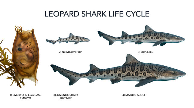 Leopard shark life cycle stages from embryo in egg case to juvenile and adult, illustrating marine biology