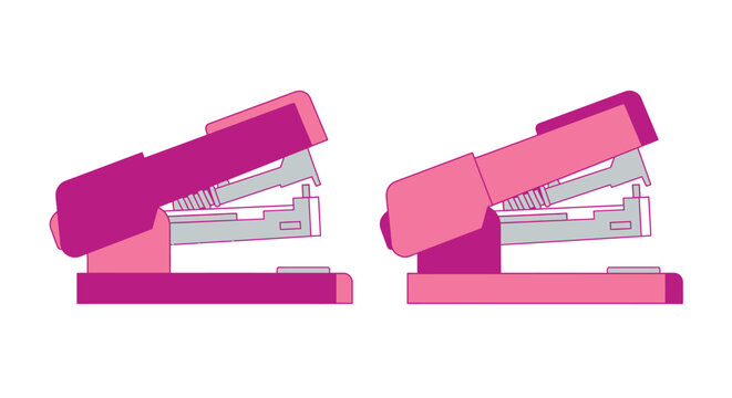 Two pink staplers with open tops on a white background