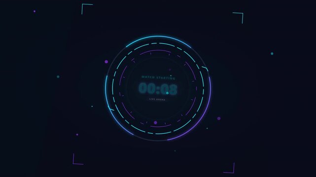 Futuristic neon digital countdown timer with rotating HUD elements and glowing interface graphics for esports tournament or gaming live stream