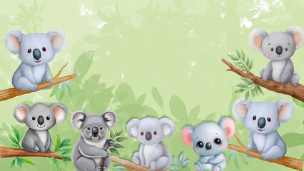 Obraz premium Cute baby koalas sitting on tree branches with green leaf background