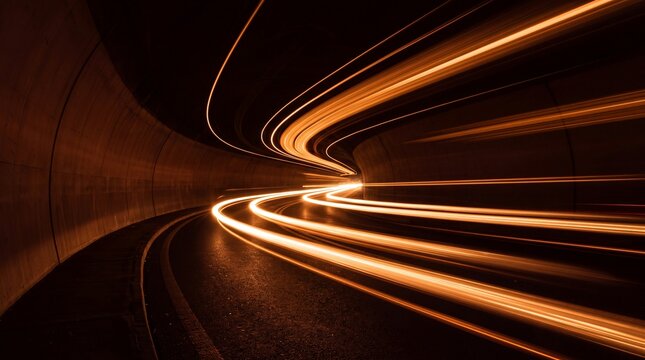 Dynamic long exposure light trails illuminate a dark, futuristic tunnel, embodying speed, digital connectivity, and the rapid flow of technology and data