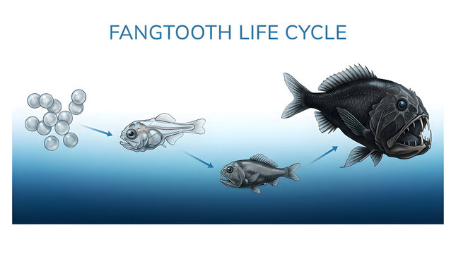 Illustration of the Fangtooth life cycle, showing eggs, larva, juvenile, and adult stages in deep blue water