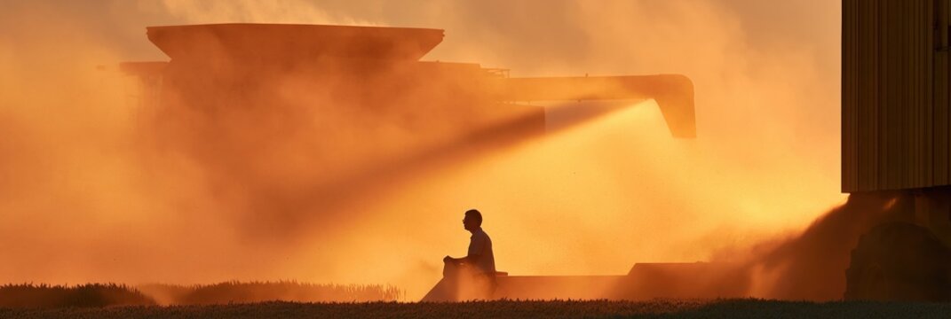 Silhouette of farmer sitting near combine harvester at golden hour with dust cloud