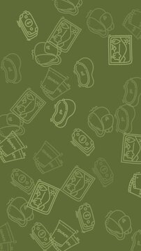 Green background with pattern of repetitive money stack, gift box, and cap icons. Suitable for financialthemed designs or giftrelated concepts.