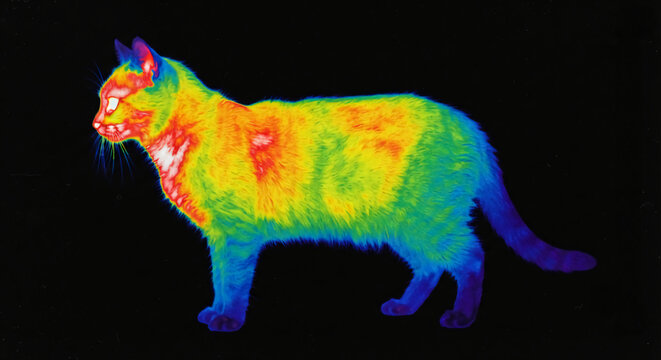 A thermal infrared image of a cat standing against a black background, showing varying body temperature zones in bright reds, yellows, greens, and blues.