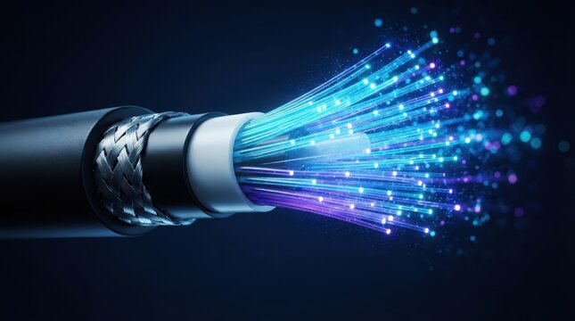 Fiber optic cable transmitting data with glowing light particles