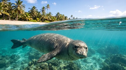 Fototapeta premium Split Shot of Extinct Caribbean Monk Seal Swimming Over Coral Reef Near Tropical Beach