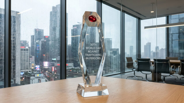 A clear crystal award trophy stands on a wooden table in front of a cityscape view with rainy windows glassware recognition achievement