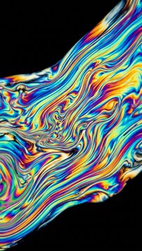 Iridescent soap film interference patterns swirling with liquid rainbow colors on black background