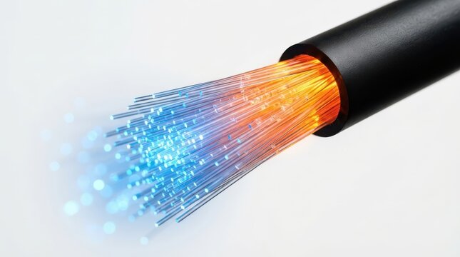 Fiber optic cable strands glowing with blue and orange light