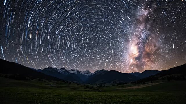 Star Trails Over Snowy Mountains and Milky Way - A mesmerizing time-lapse captures the celestial dance of star trails forming circles above a majestic mountain range.