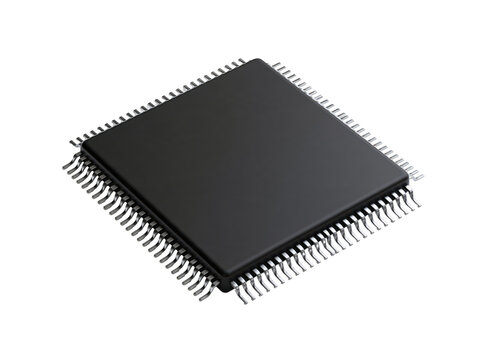 Black integrated circuit computer processor chip isolated on a white background