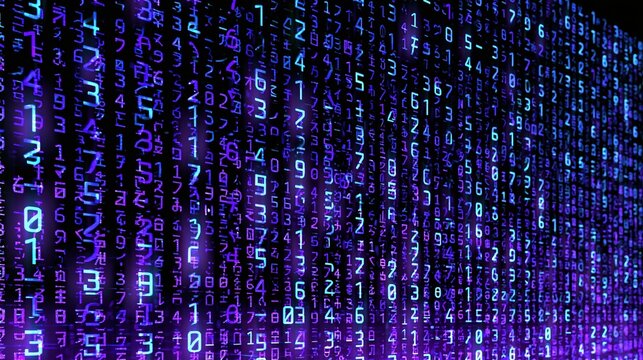 Blue and purple digital rain of numbers and