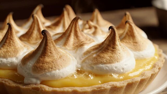 Golden Torched Peaks of Lemon Meringue Pie Closeup - A close-up view of a lemon meringue pie, showcasing the golden brown torched peaks of the marshmallow topping over a bright yellow lemon filling.