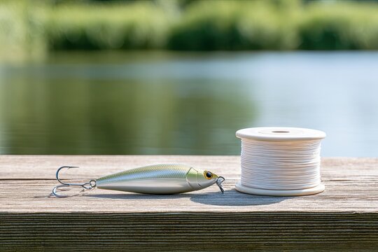 Fishing lure and spool of white line on wooden pier outdoor recreation