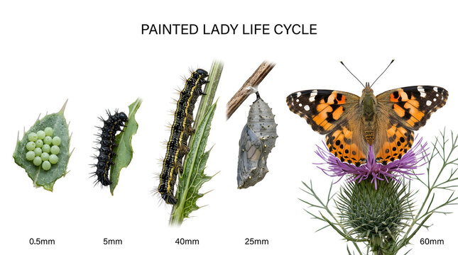 Painted Lady butterfly life cycle with distinct stages shown from egg to adult