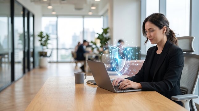Businesswoman using laptop with digital shield overlay for cybersecurity concept