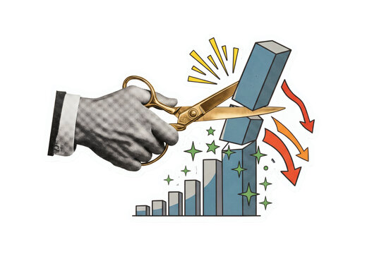 Cost cutting business sticker, gloved executive hand with scissors trimming red downwards arrow on financial bar chart. Corporate budget optimization on transparent background.
