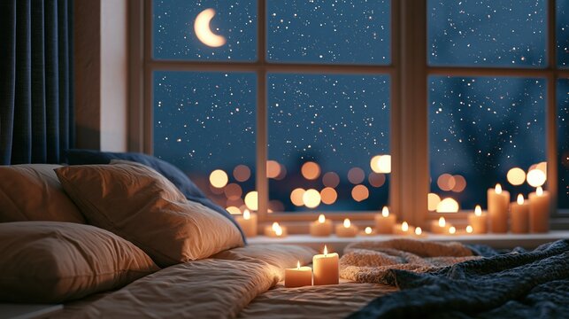Cozy bedroom with candles and starry night view