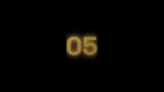 Glowing gold countdown number five, cinematic yellow neon digit on black background, elegant luminous numeral for event timers and top lists