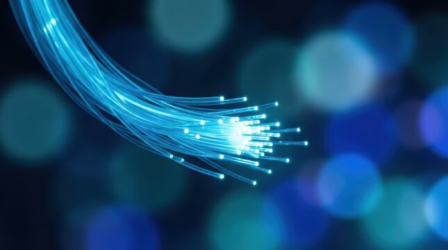 Fiber optic cables transmitting data with glowing blue light