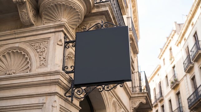 Blank black square outdoor shop sign mockup hanging on classic building wall