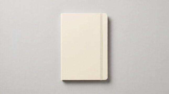 Blank hardcover cream notebook with elastic band mockup on grey surface