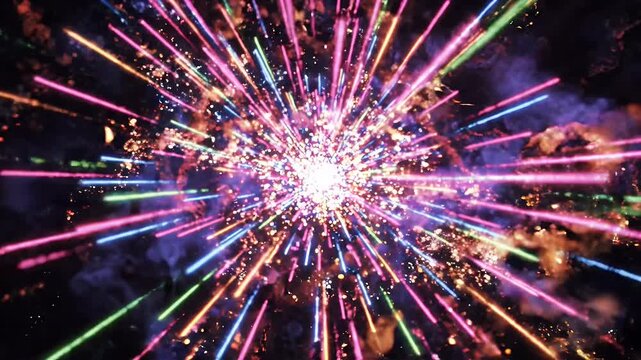Vibrant Neon Light Streaks Explode on Dark Background - A dazzling explosion of vibrant neon light streaks radiates outwards from a bright central point against a dark, textured background.