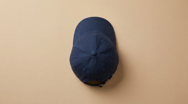 A single dark blue baseball cap is placed on a plain beige background.