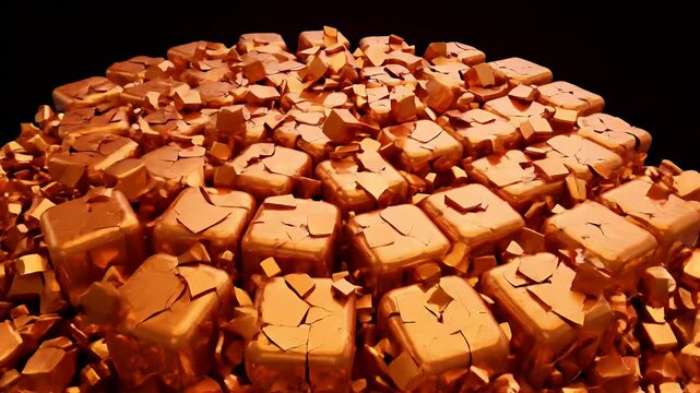 Pile of Vibrant Orange Cubes Fragmenting - A dynamic pile of vibrant orange cubes and fragments is shown against a black background.