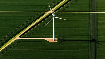Obraz premium Aerial view of wind turbine on green farmland