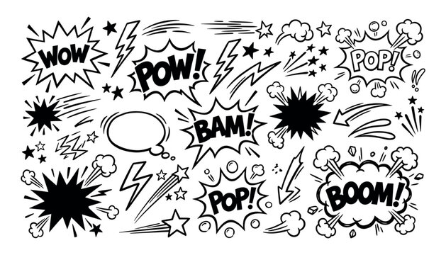 Comic book speech bubbles and sound effects doodles vector set